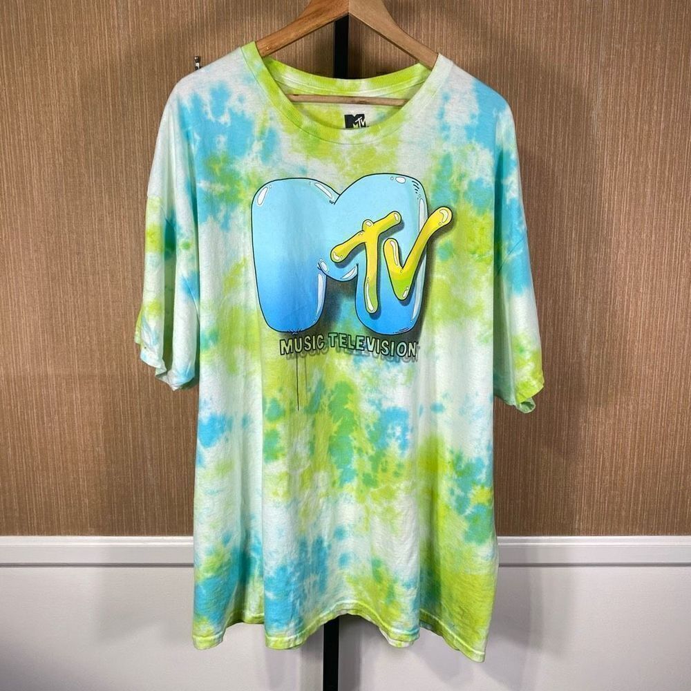 Viacom International Men's Tie-Dyed & MTV Graphic Print T-Shirt Lime Green 2X